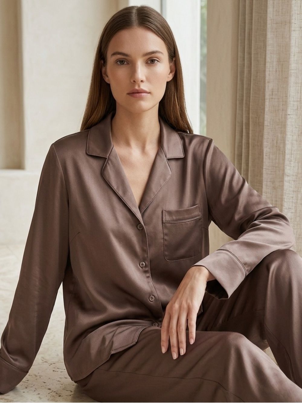 SKIMS Woven Shine Long Sleeve Sleep Shirt - Sienna - Size M - NWT - Picture 2 of 8
